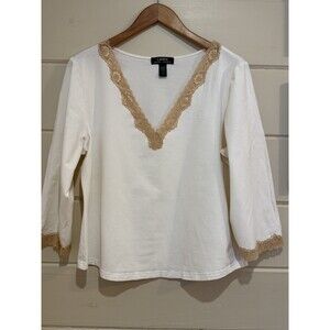 Ralph Lauren Women L Ivory 3/4 Sleeve Top XL Lace Hem V-Neck Romantic Feminine